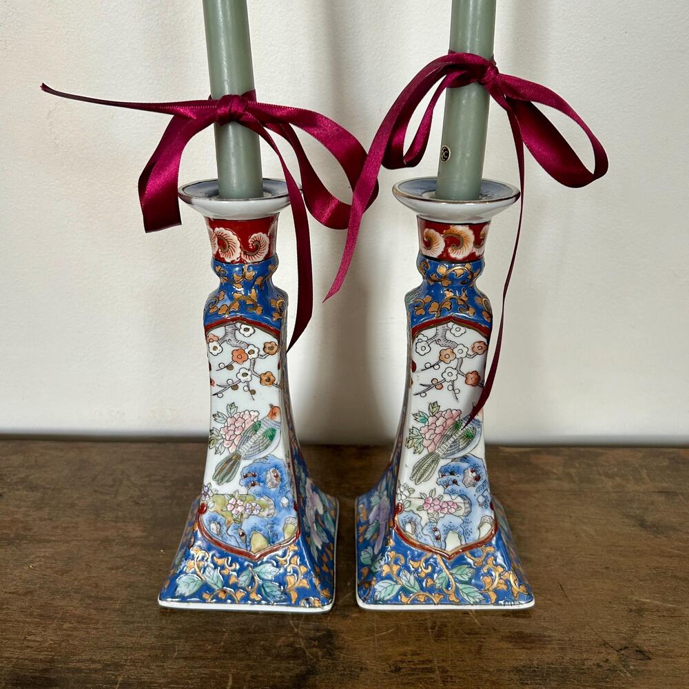 Pair of Antique Blue White Chinoiserie Candleholders | Gilded Bird Porcelain
